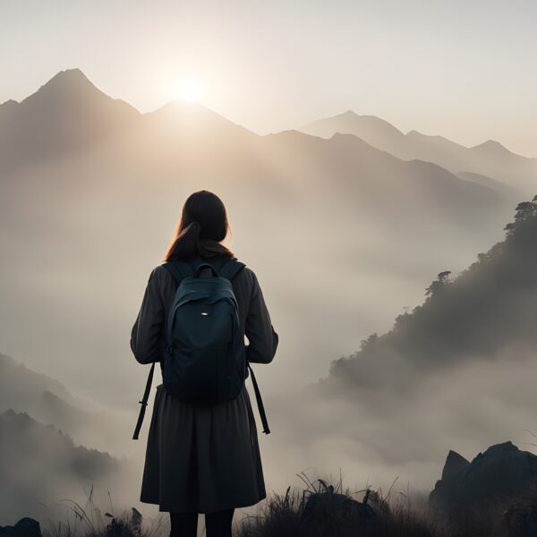 Image shows a woman facing mountains. The dawn is breaking over the mountains.