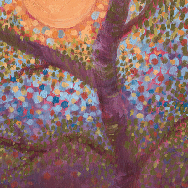 Image shows a painting of a tall tree with multicolored leaves. A golden sun is visible behind the tree.