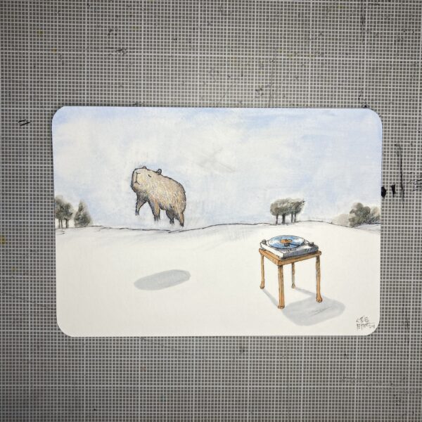 Sketch showing a capybara listening to a record player on a small table.