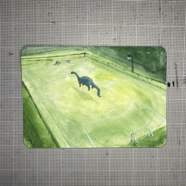 Sketch of a blue dinosaur on a large green soccer field.