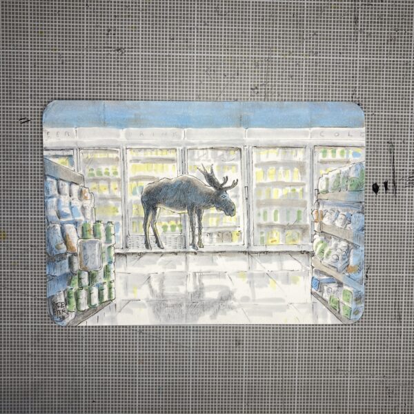 Sketch of a moose standing in a convenience store in front of a refrigerated section.