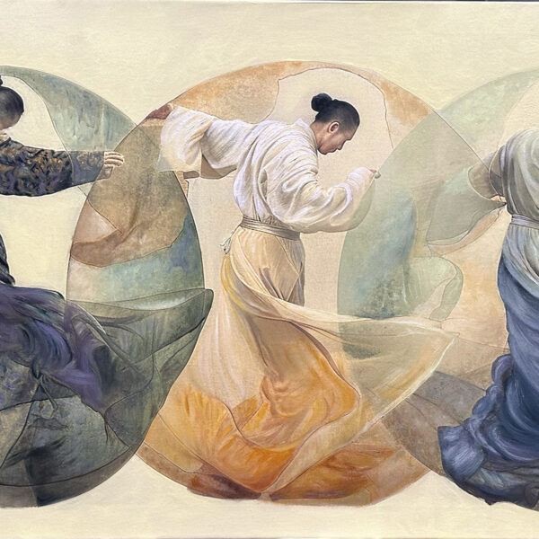 Image shows three dancing figures from the side. They bend forward while their arms sweep upward.