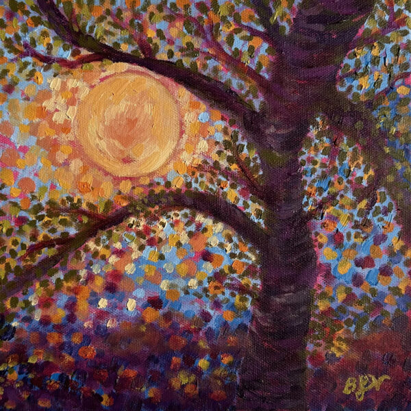 Painting shows a tree and branches with multicolored leaves. A sun is visible behind it.