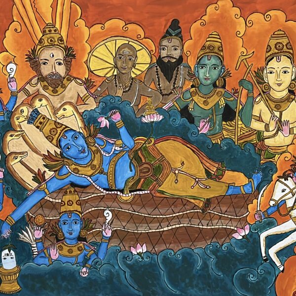 Image showing a diverse array of gods in blue and yellow arrange around a central figure.