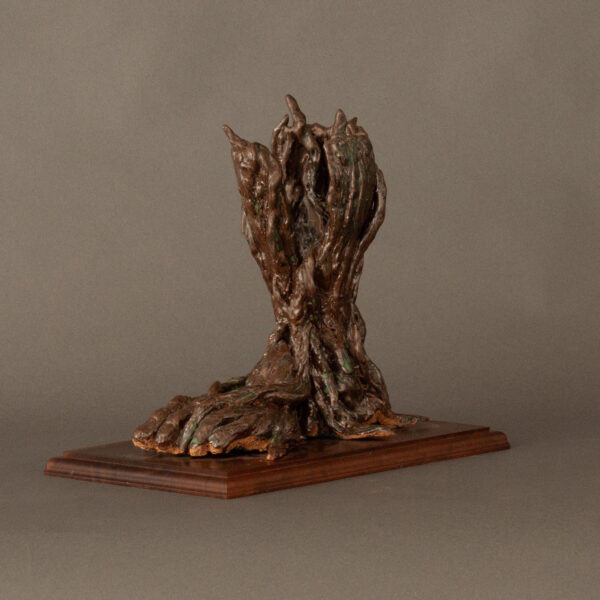 Image showing a metal sculpture of a human foot. Roots and branches grow in and around it.