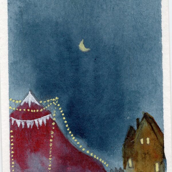 Image shows a red circus tent against a night sky. A moon is visible overhead