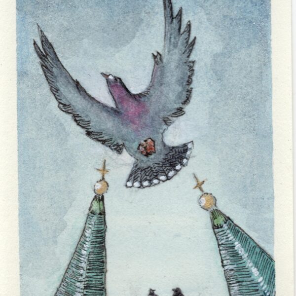 Image shows pigeon flying above church towers