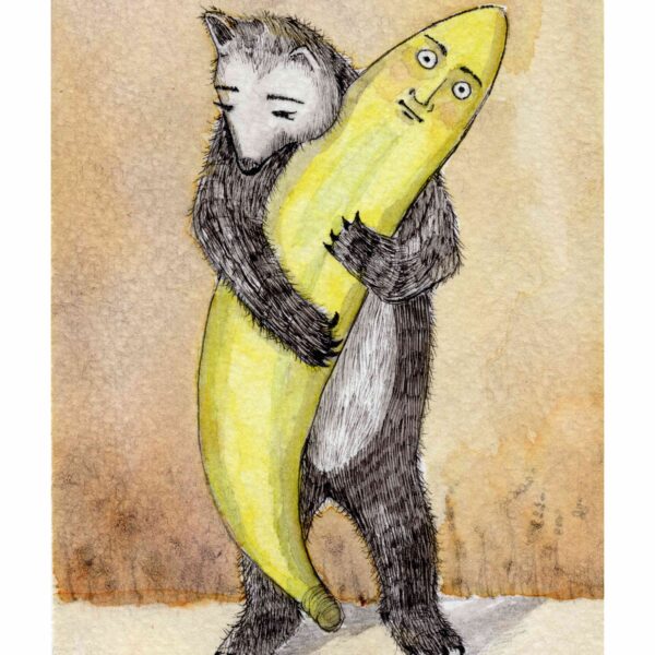 Image shows a bear embracing a large yellow banana