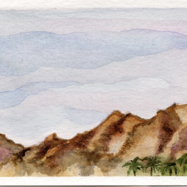 Watercolor shows mountains against the sky
