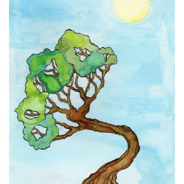 Watercolor showing a bonsai tree with the sun visible in the blue sky above