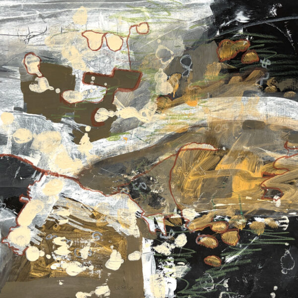 Abstract painting in hues of white, yellow, gray and black