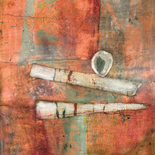Abstract painting in hues of orange, red and grayish-blue