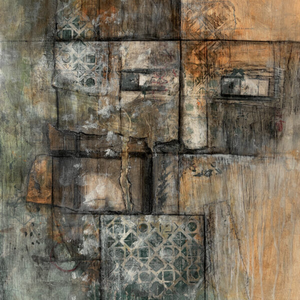 Painting with abstract squares and rectangles outlined in black, with grayish and brown undertones