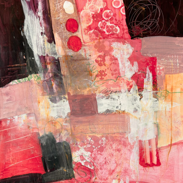 Painting in abstract hues of red, white and gold
