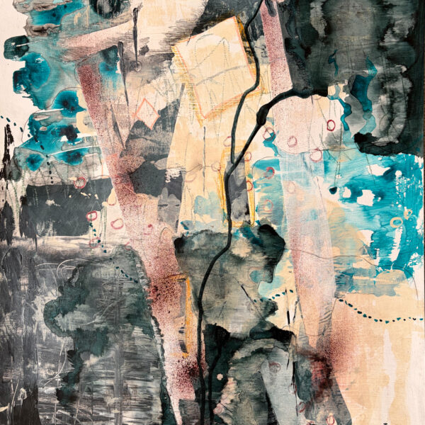 Abstract painting in hues of pink, blue and black