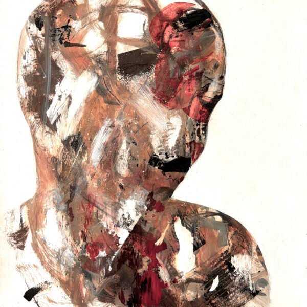 Painting showing abstract image of a head in shades of brown and red