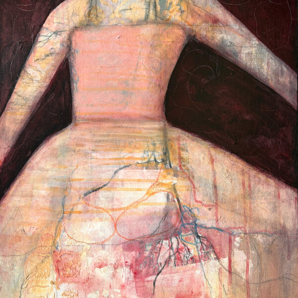 Painting depicting a closeup of a woman wearing a pink dress.