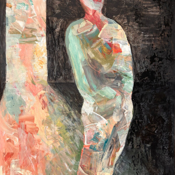 Painting showing an abstract figure with an open door visible behind them