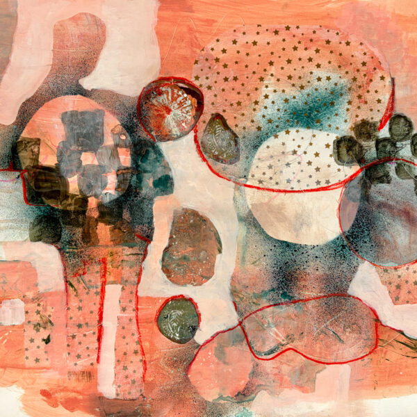 Image shows abstract figures with hues of orange across the canvas