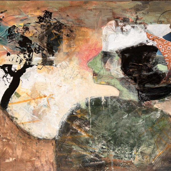 Painting with abstract images of a tree and plants in hues of orange and brown