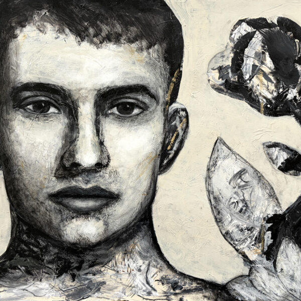 Image shows black and white sketch of a man's face, facing the viewer.