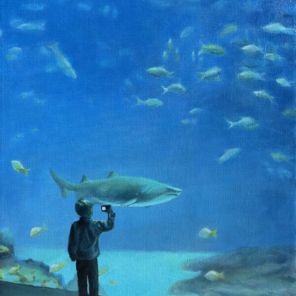 Painting showing a boy standing in front of an aquarium full of fish