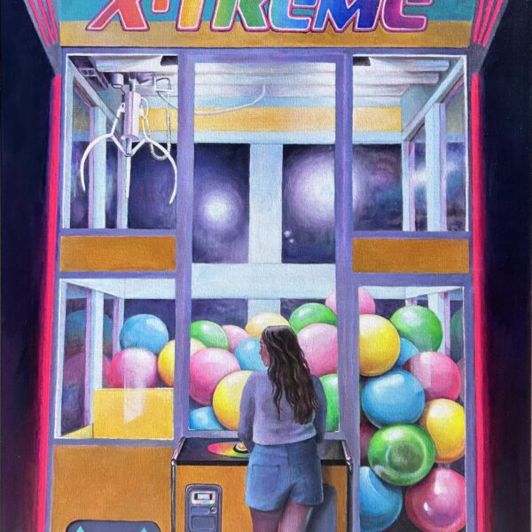 Painting shows child standing in front of an oversized claw machine filled with colorful objects