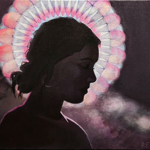 Image shows a woman's face in silhouette with a colorful Ferris Wheel lit behind her