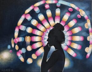 Painting shows a silhouette of a woman facing to the side. A colorful Ferris Wheel is lit up behind her