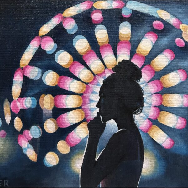 Painting shows a silhouette of a woman facing to the side. A colorful Ferris Wheel is lit up behind her