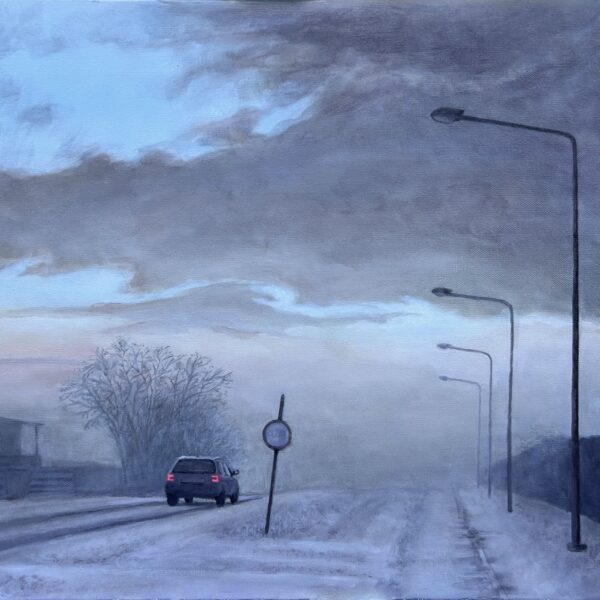 Painting showing roadway covered in snow with a car driving down the road