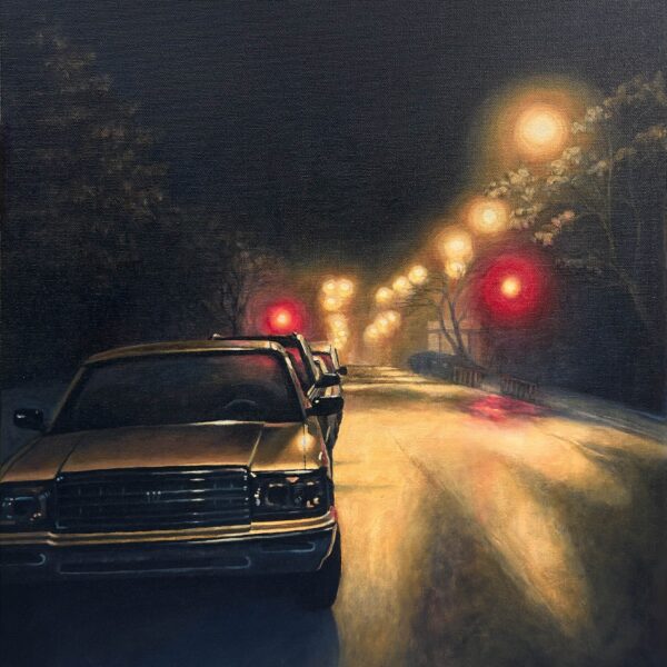 Painting shows a road at night illuminated by yellow streetlights