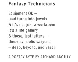 Artist: Richard Angilly, S.F. Peace and Hope
Title: Fantasy Technicians
Size: N/A
Media: photograph of poetry byte on paper