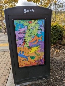 Artwork by Tim Hancock installed at the driveway to the Orinda Community Center; this piece will hopefully attract the attention of children entering and leaving the park