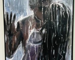 Title: “Wet Kiss”
Dimensions: 48” x 36”
Medium: oil painting on canvas, glue, ink
Price: $4700