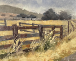 Artist: Leslie Golden
Title: "Black Diamond Fence"
Medium: Oil on Canvas
Size: 11" x 14"
Price: $300
