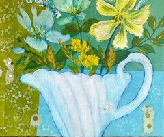 Artist: Lois Reynolds Mead
Title: Bauer Pitcher with Flowers
Medium: Acrylic Collage
Size: 12" x 12"
Price: $175