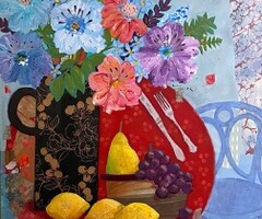 Artist: Lois Reynolds Mead
Title: Blue Chair and Red Table
Medium: Acrylic Collage
Size: 24" x 24"
Price: $300