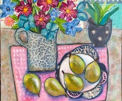 Artist: Lois Reynolds Mead
Title: Five Pears
Medium: Acrylic Collage
Size: 16" x 16"
Price: $200