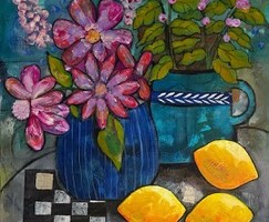 Artist: Lois Reynolds Mead
Title: Pink Bouquet and Lemons
Medium: Acrylic Collage
Size: 16" x 16"
Price: $200