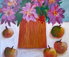 Artist: Lois Reynolds Mead
Title: Pink Flowers and Apples
Medium: Acrylic Collage
Size: 16” x 16”
Price: $200