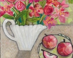 Artist: Lois Reynolds Mead
Title: Bauer and Pink Apples
Medium: Acrylic Collage on Stretched Canvas
Size: 16” x 16”
Price: $200