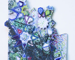 Artist: Bushra Gill
Title: Wafting
Size: 3" x 4"
Medium: Image Transfer, Silkscreen, Paint, Laser Cut Wood
Price: $100